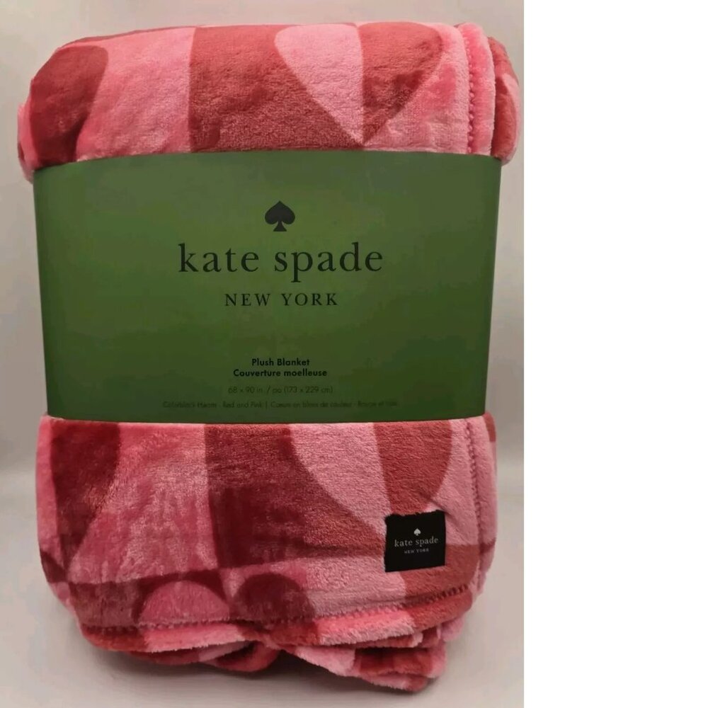NWT KATE SPADE Pink Red Colorblock Hearts Luxury Fleece Twin Throw Blanket